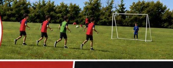 Children in a football shooting drill at holiday camp