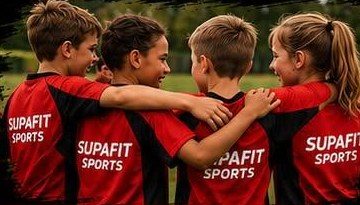 Children with arms around each other in SupaFit kit
